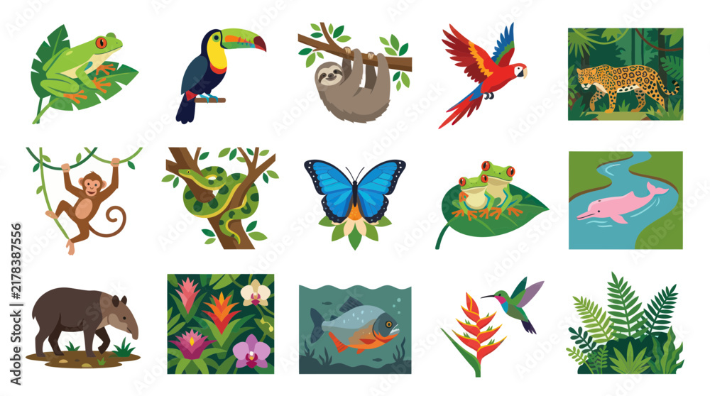 Obraz premium Flat Vector Art of Amazon Rainforest Animals and Plants on White Background