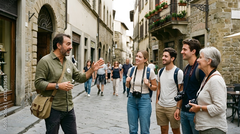 Fototapeta premium A professional tour guide leads a group of tourists through Italian streets