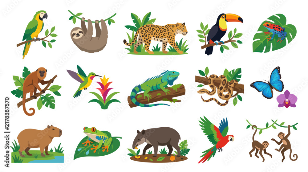 Fototapeta premium Vibrant Tropical Animals and Nature Elements Flat Vector Illustration