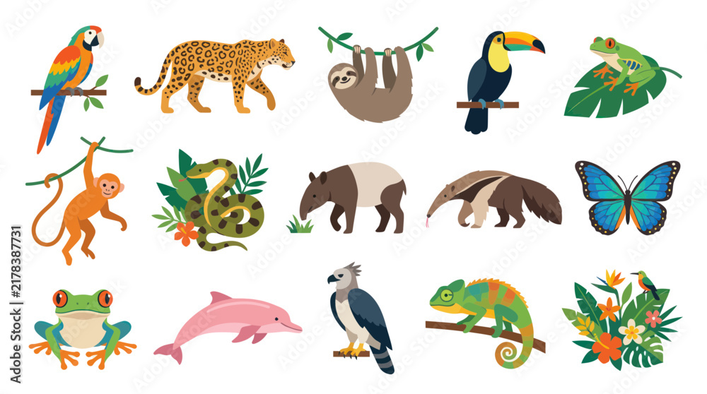 Fototapeta premium Tropical Wildlife Animals Collection: Flat Vector Art Illustration