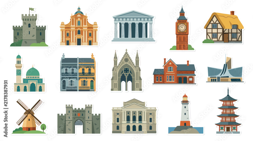Obraz premium Flat Vector World Architecture Buildings Set. Diverse Collection of Famous Landmarks, Historic Structures, and Houses.