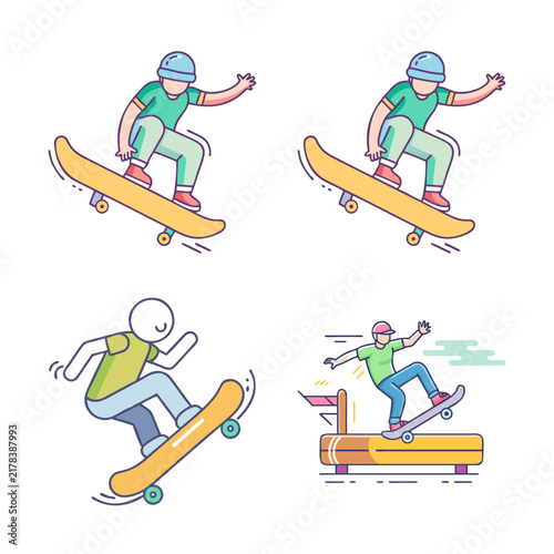 Four cartoon characters skateboarding in colorful poses - Vibrant vector illustration of four cheerful cartoon figures doing dynamic skateboard tricks in bright colors.