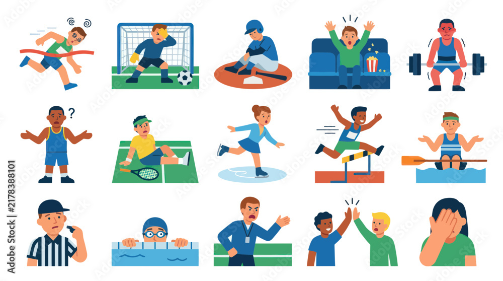 Fototapeta premium Sports and Athletes Flat Design Vector Illustration Set - Various Game Situations, Emotions, and Equipment