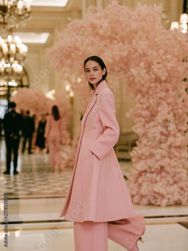 Young woman standing in a luxurious lobby with a large tree-like structure in the background. the woman is wearing a long, pink coat with a high collar and long sleeves.