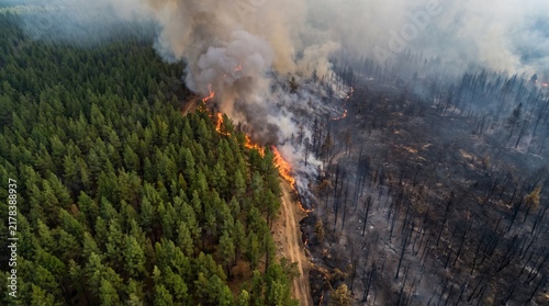 Obraz na płótnie Wildfire burns through a green forest, leaving charred devastation behind