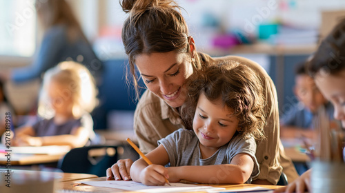 Drawing, education and teacher with children in classroom for learning, education and creative art. Growth, kindergarten and academy with woman and kids at school for helping and child development
