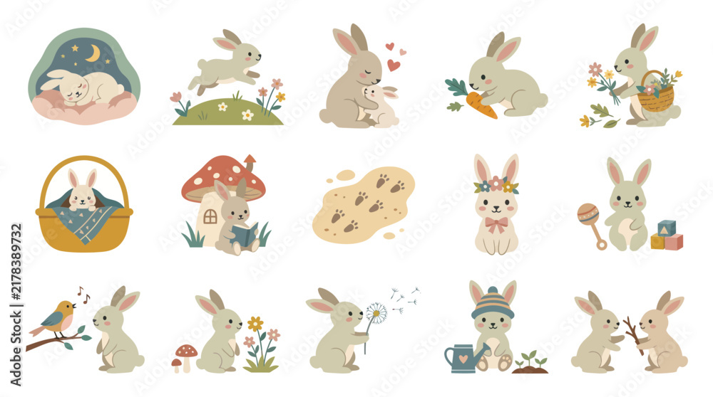 Obraz premium Cute Cartoon Bunnies Flat Vector Illustration Set for Children's Easter and Spring Designs