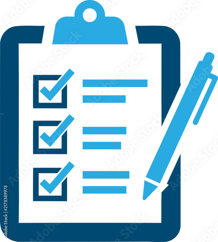 Clipboard with checklist and pen icon, flat style vector illustration of task list, survey or todo list concept, business management and planning symbol