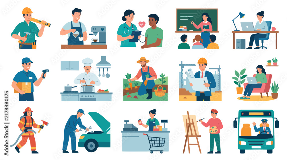 Fototapeta premium Flat Style Vector Illustration: Diverse Professions with People in Various Industries