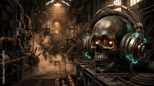Dark futuristic cyber-audio artwork with a skull-inspired sound concept, dramatic neon lighting, industrial atmosphere and cinematic 3D detail. AI Generated.