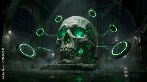 Dark futuristic cyber-audio artwork with a skull-inspired sound concept, dramatic neon lighting, industrial atmosphere and cinematic 3D detail. AI Generated.