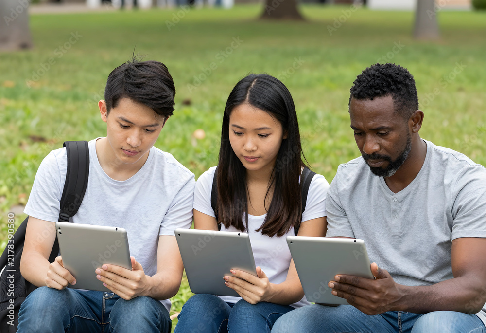Obraz premium Collaborative learning and digital education, diverse students using tablets for research and online study in a park campus environment