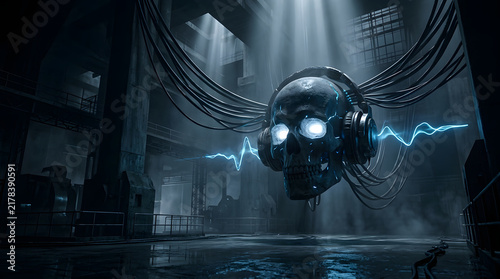 Dark futuristic cyber-audio artwork with a skull-inspired sound concept, dramatic neon lighting, industrial atmosphere and cinematic 3D detail. AI Generated.