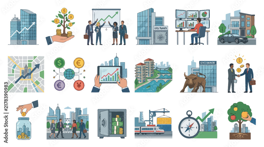 Fototapeta premium Finance and Investment Icons: Growth, Trading, and Savings - Flat Design