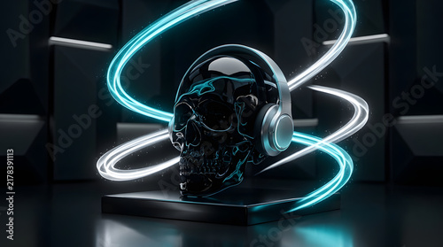 Dark futuristic cyber-audio artwork with a skull-inspired sound concept, dramatic neon lighting, industrial atmosphere and cinematic 3D detail. AI Generated.