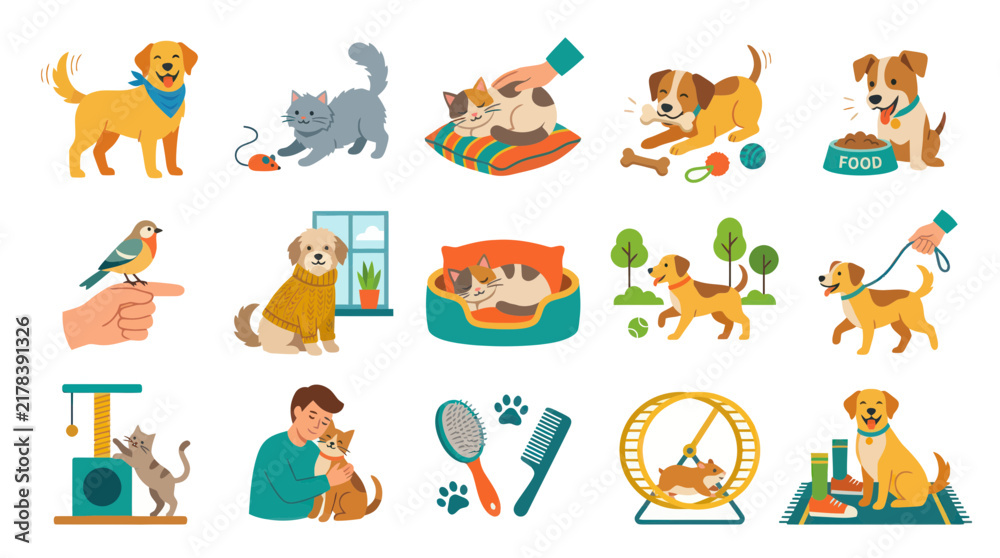 Fototapeta premium Happy Pets: Dogs and Cats Playing, Grooming, and Being Cared for - Flat Vector