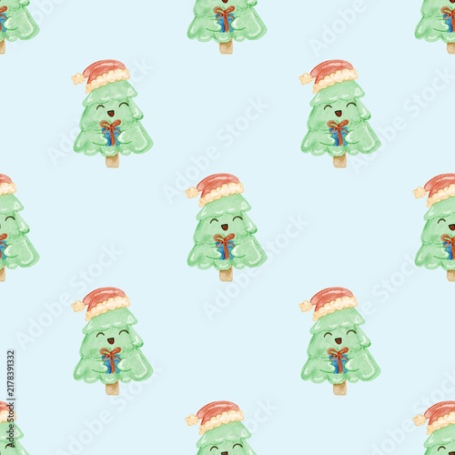 Seamless Pattern of Children's Style Christmas Tree wearing Santa's Hat