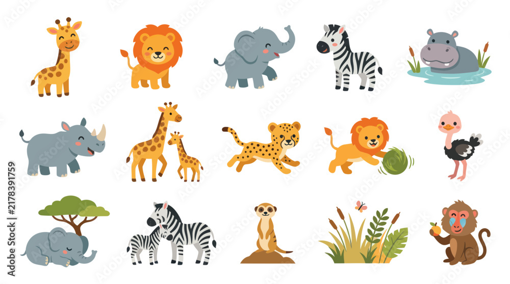 Obraz premium Cute Cartoon Safari Animals Flat Vector Illustration - Wildlife Zoo Kids