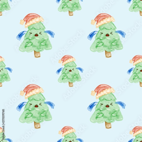 Seamless Pattern of Children's Style Christmas Tree wearing Santa's Hat