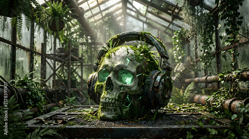 Dark futuristic cyber-audio artwork with a skull-inspired sound concept, dramatic neon lighting, industrial atmosphere and cinematic 3D detail. AI Generated.