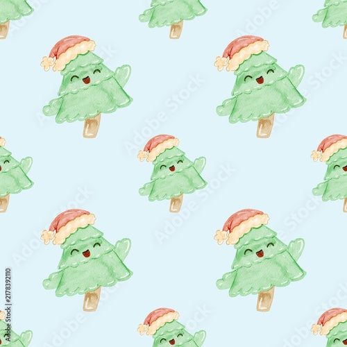 Seamless Pattern of Children's Style Christmas Tree wearing Santa's Hat