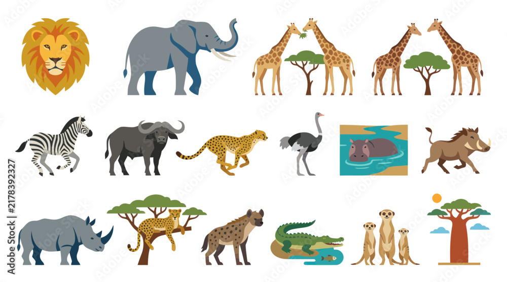 Obraz premium Flat Vector African Safari Animals and Wildlife Collection