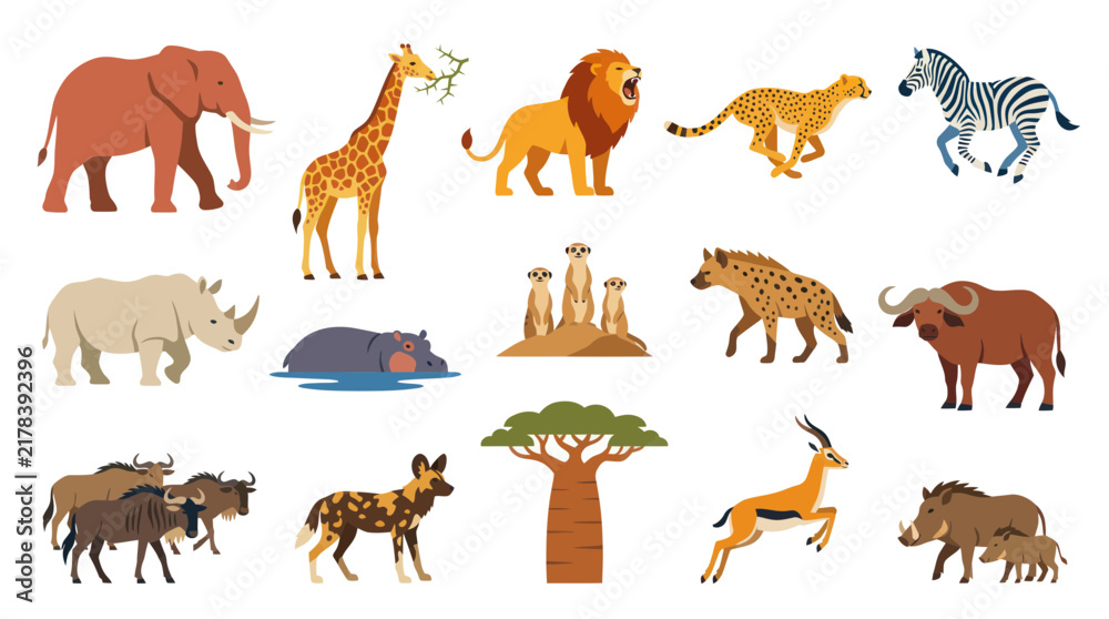 Obraz premium Flat Vector African Wildlife Animals Set - Elephant, Lion, Giraffe, Zebra