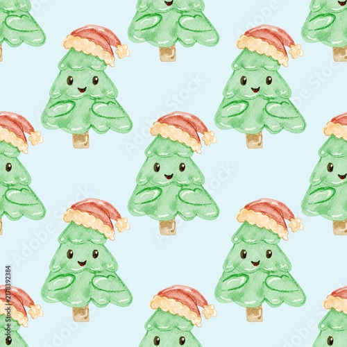 Seamless Pattern of Children's Style Christmas Tree wearing Santa's Hat
