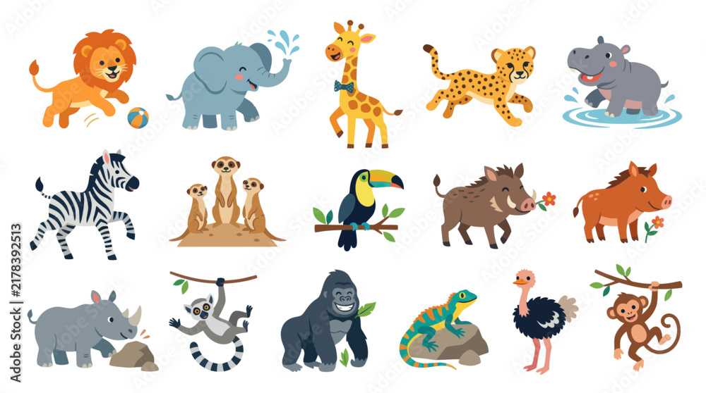 Obraz premium Adorable Flat Cartoon African Safari Wild Animals Vector Set for Kids Wildlife Illustration