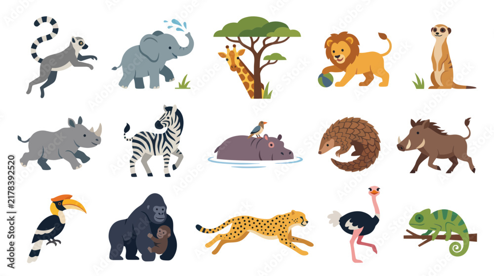 Obraz premium Cute Flat Cartoon African Safari Animals Vector Set. Wildlife Collection of Diverse Characters.