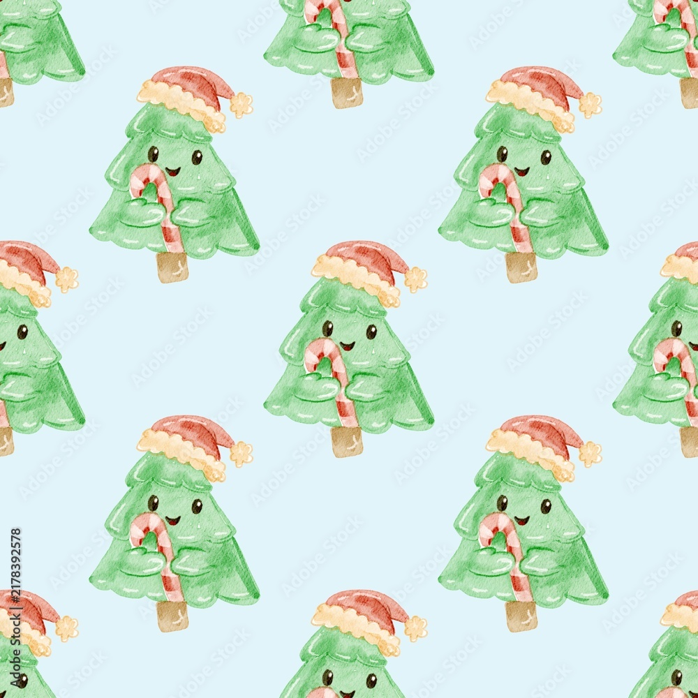 Fototapeta premium Seamless Pattern of Children's Style Christmas Tree wearing Santa's Hat