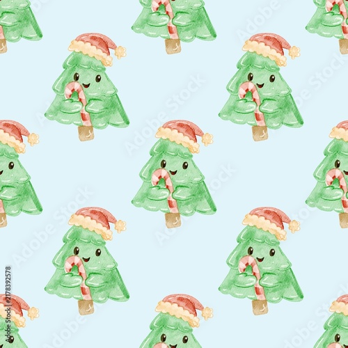 Seamless Pattern of Children's Style Christmas Tree wearing Santa's Hat