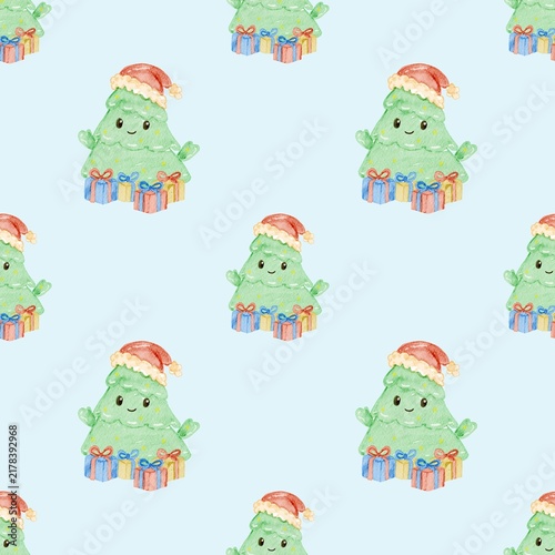 Seamless Pattern of Children's Style Christmas Tree wearing Santa's Hat