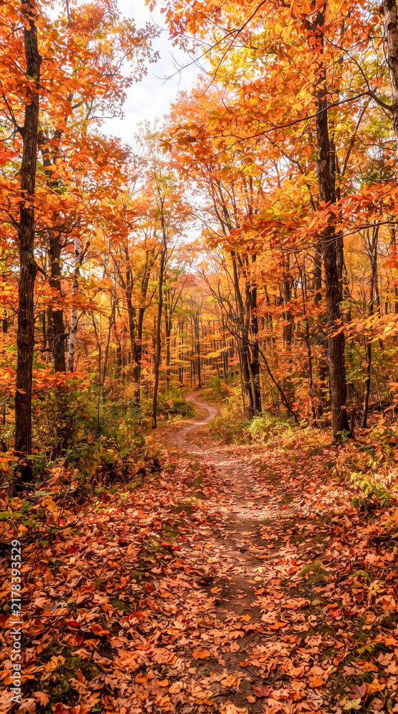 Fototapeta premium Camino cubierto de hojas secas que serpentea por un bosque resplandeciente en tonos naranja, amarillo y rojo durante el otoño.