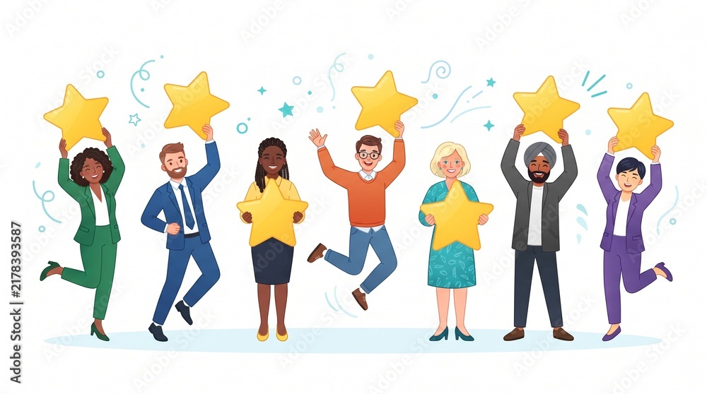 Fototapeta premium Diverse group of happy professionals holding golden star awards with achievement