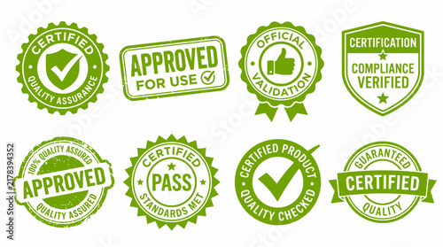 Картината върху платно Green certification approved stamp and seal set, quality assurance icons, produc