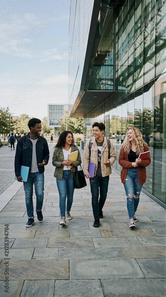 Obraz premium Diverse college students walking and laughing on a modern campus during the day