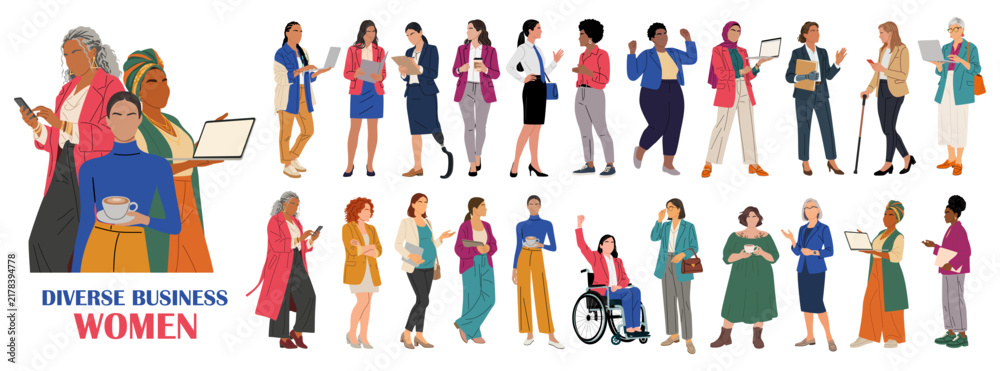 Fototapeta premium Diverse women in business attire stand together. Each figure shows confidence or cheerful engagement. Some hold laptops, tablets, or notebooks. They represent varied backgrounds and styles