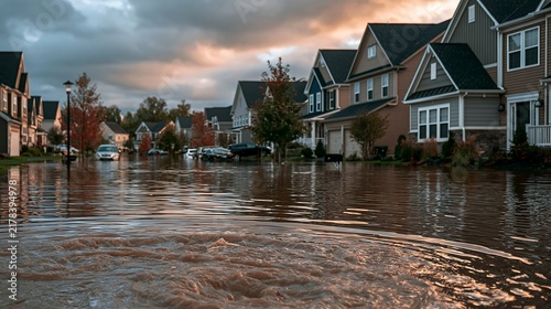 Dramatic wide shot of a flooded suburban neighborhood street with muddy brown water surrounding modern houses and submerged cars, natural disaster flood impact.
