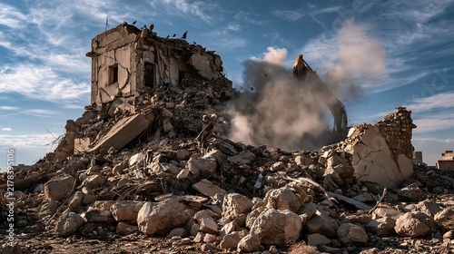 Dramatic wide shot of a collapsed concrete building exterior after a major earthquake, piles of urban rubble and cracked walls, natural disaster and destruction concept.