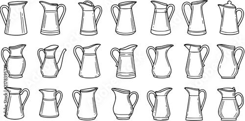 Bild auf Leinwand Hand-drawn Black and White Line Art Set of Various Pitchers and Jugs, Ideal for