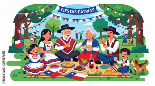 Chilean family celebrating Fiestas Patrias with traditional food and clothing.