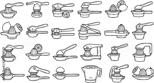 Obraz na płótnie Food and Drink Black and White Line Art Juicers Icon Set
