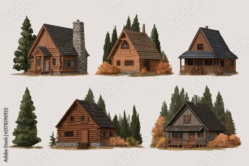Set of small rustic mountain cabins in detailed acrylic style