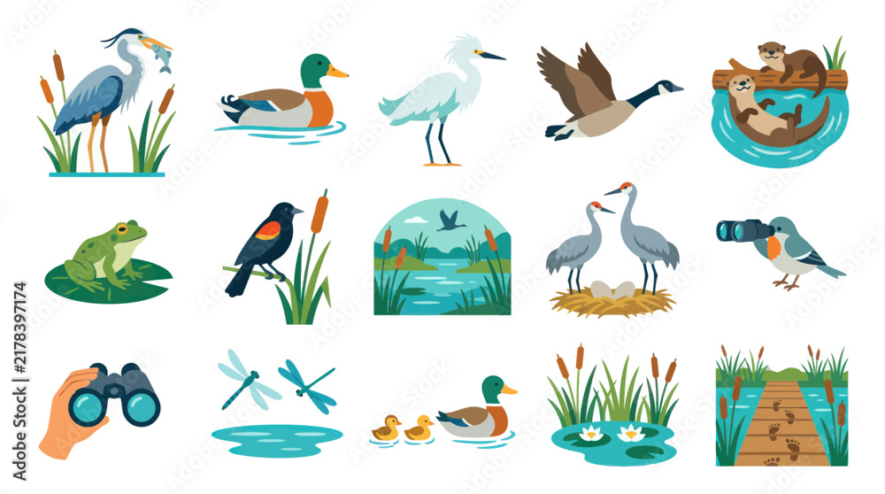 Obraz premium Flat Style Vector Illustration of Various Wetland Birds and Animals