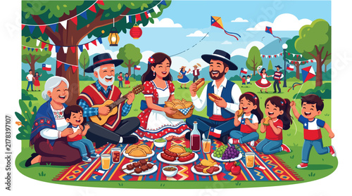 Happy multi-generational family celebrating Chilean Independence Day with picnic and music.