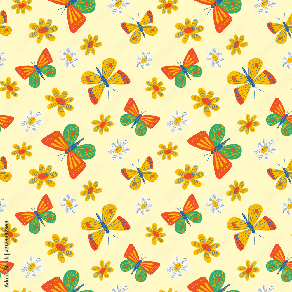 Fototapeta premium Butterfly and Flower Seamless Pattern Illustration on Yellow Background