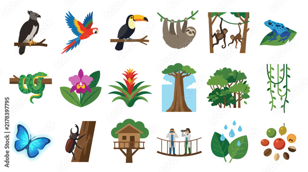 Obraz premium Flat Vector Icons of Rainforest Animals, Plants, and Nature in a Vibrant Style