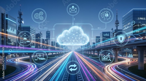 Smart City Cloud Infrastructure and IoT Technology Network Connecting Modern Urban Transportation and Data Systems