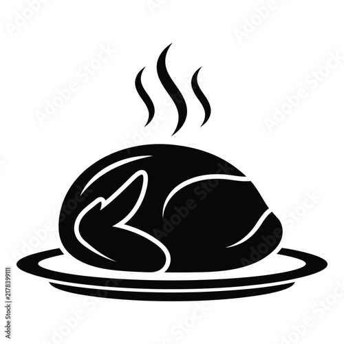 A simple black and white vector icon of a hot roasted chicken served on a dinner plate illustration